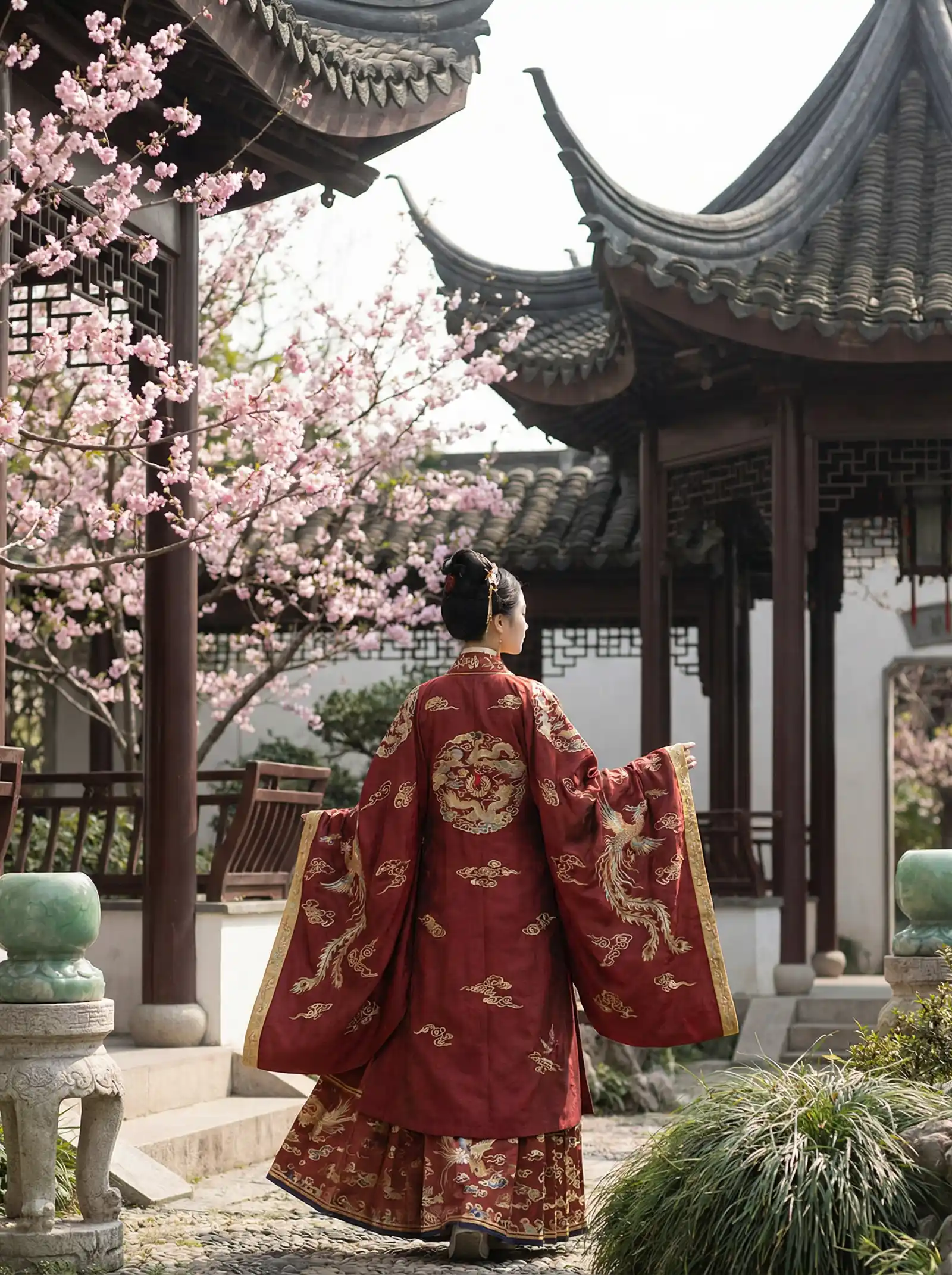 女生男生一起差差差差带疼声 明制汉服红色凤凰刺绣